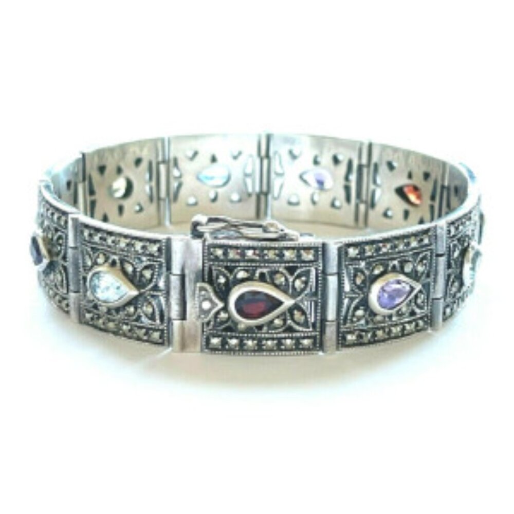 Sterling Silver Multicolor Gemstone Link Bracelet - image 2